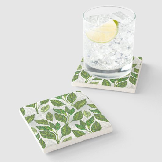 Nahtloses Muster mit Blätter aus grünem Tee Steinuntersetzer (Seitenansicht)