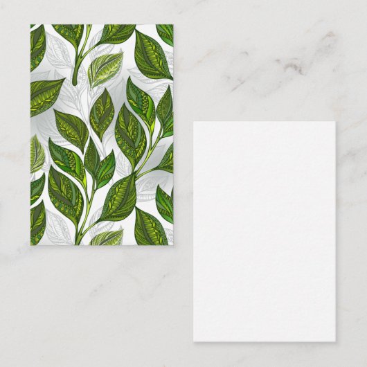 Nahtloses Muster mit Blätter aus grünem Tee Visitenkarte (Vorne/Hinten)