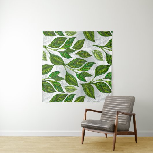Nahtloses Muster mit Blätter aus grünem Tee Wandteppich (Beispiel (Horizontal))