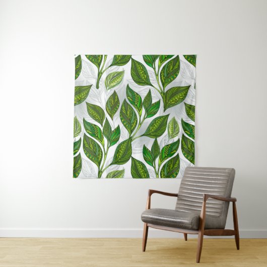 Nahtloses Muster mit Blätter aus grünem Tee Wandteppich (Beispiel)