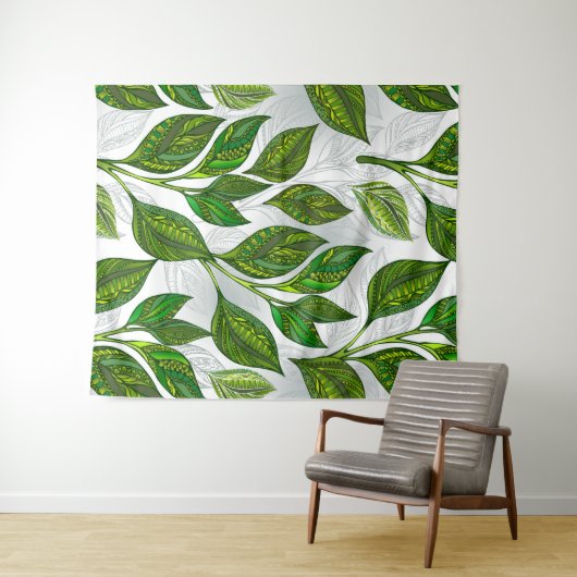 Nahtloses Muster mit Blätter aus grünem Tee Wandteppich (Beispiel (Horizontal))