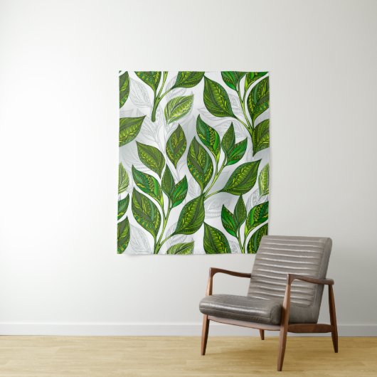 Nahtloses Muster mit Blätter aus grünem Tee Wandteppich (Beispiel)