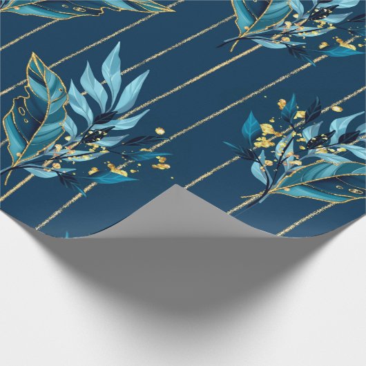Nahtloses Muster mit blauen Blätter und Streifen Geschenkpapier (Ecke)