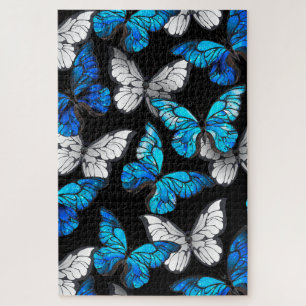 Nahtloses Muster mit blauen Schmetterlingen Morpho Puzzle