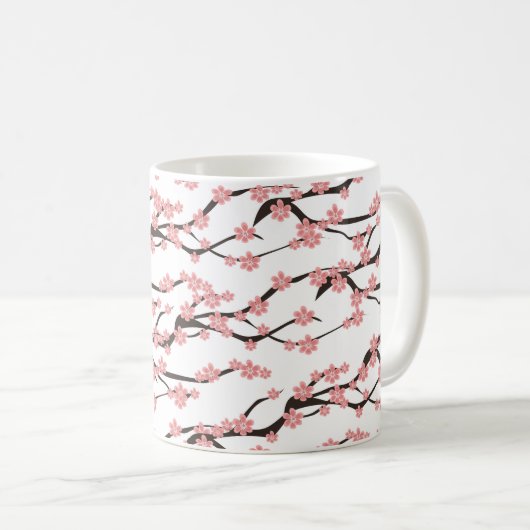 Nahtloses Muster mit blühender Kirsche auf weißem Kaffeetasse (VorderseiteRechts)