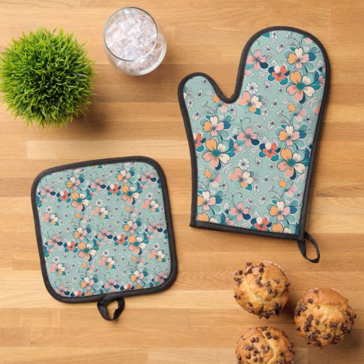 Nahtloses Muster mit Blume Ofenhandschuh & Topflappen-Set (Oben Unten)