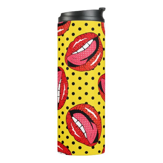 Nahtloses Muster mit Cartoon-Patch-Abzeichen mit l Thermosbecher (Nach links gedreht)