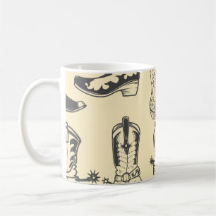 Nahtloses Muster mit Cowboystiefeln. Cowboy Kaffeetasse