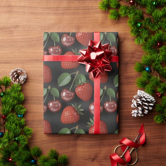 Nahtloses Muster mit Erdbeeren und Kirschen Geschenkpapier (Feiertagsgeschenk)