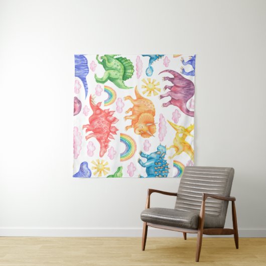 Nahtloses Muster mit farbigen Dinosauriern, Regen Wandteppich (Beispiel (Horizontal))