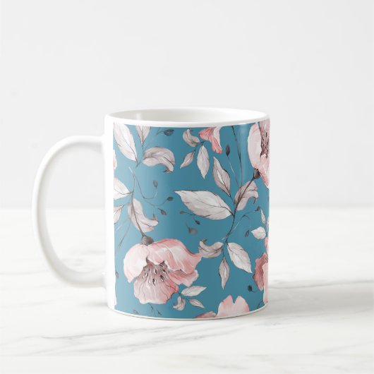 Nahtloses Muster mit Frühlingsblumen und Blätter. Kaffeetasse (Links)