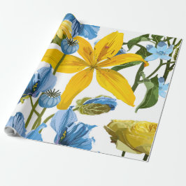 Nahtloses Muster mit gelb blauen Blumen. Geschenkpapier