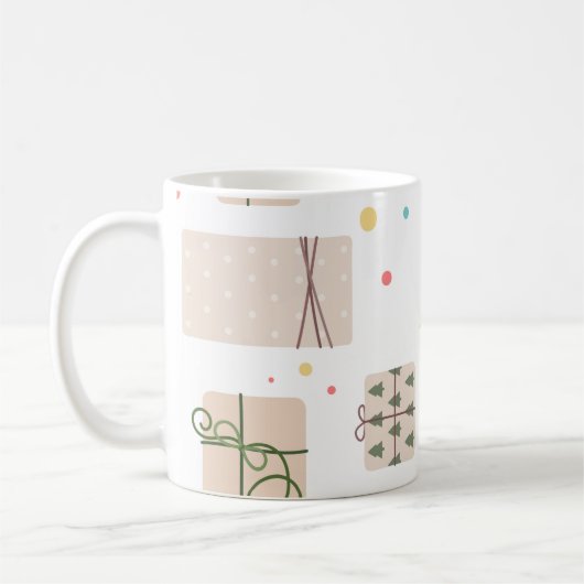 Nahtloses Muster mit Geschenkboxen. Geschenke Kaffeetasse (Links)