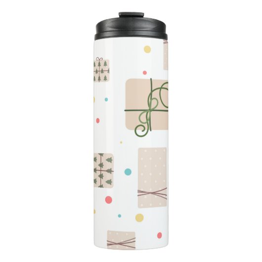 Nahtloses Muster mit Geschenkboxen. Geschenke Thermosbecher (Vorderseite)