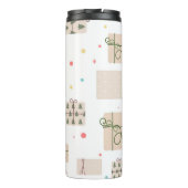 Nahtloses Muster mit Geschenkboxen. Geschenke Thermosbecher (Rückseite)