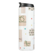 Nahtloses Muster mit Geschenkboxen. Geschenke Thermosbecher (Nach rechts gedreht)