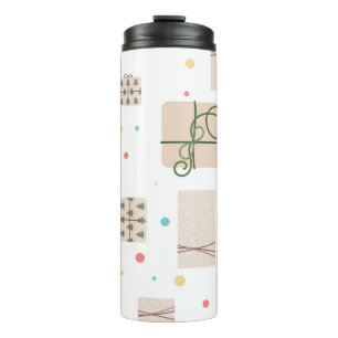 Nahtloses Muster mit Geschenkschachteln. Geschenke Thermosbecher