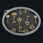 Nahtloses Muster mit Golden Keys Ovale Gürtelschnalle<br><div class="desc">Nahtloses Muster von alten,  goldenen und Silhouette Tasten auf schwarzem Hintergrund.</div>