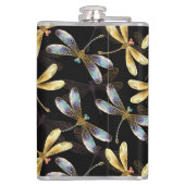 Nahtloses Muster mit goldenen Libellen Flachmann (Rückseite)