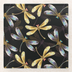 Nahtloses Muster mit goldenen Libellen Glasuntersetzer