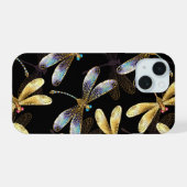 Nahtloses Muster mit goldenen Libellen iPhone 15 Hülle (Rückseite (Horizontal))