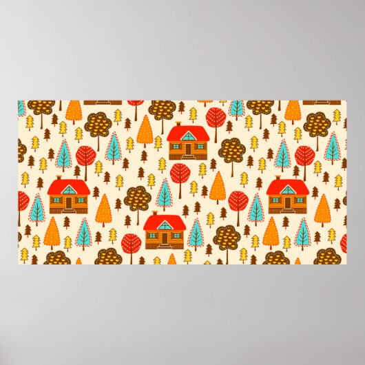 Nahtloses Muster mit Häusern im Wald. Vintag Poster (Vorne)