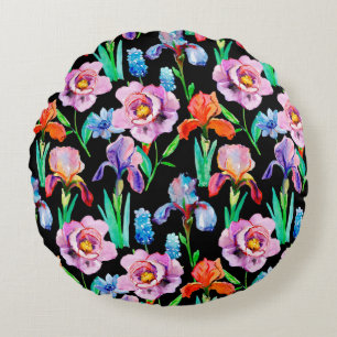 Nahtloses Muster mit Iris- und Peony-Blume, Wasser Rundes Kissen