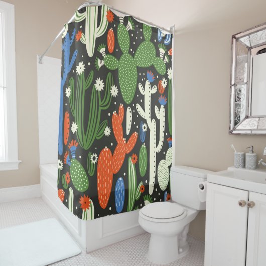 Nahtloses Muster mit Kaktus auf schwarzem Hintergr Duschvorhang (Beispiel)