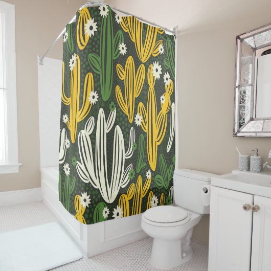 Nahtloses Muster mit Kaktus auf schwarzem Hintergr Duschvorhang (Beispiel)