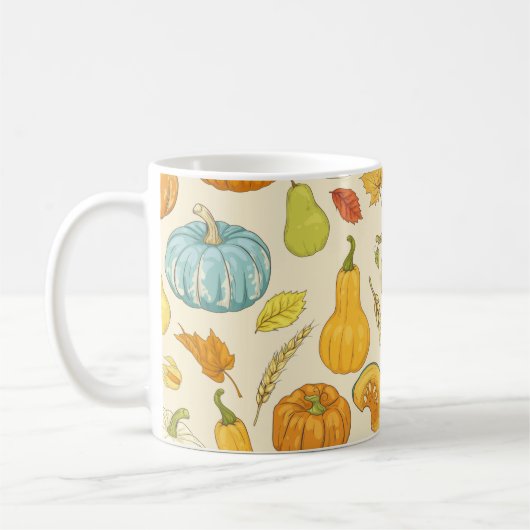 Nahtloses Muster mit Kürbis, Herbstblättern, ca Kaffeetasse (Links)