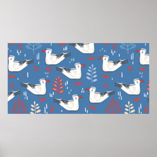 Nahtloses Muster mit laufendem Möwe. Vogel und ver Poster
