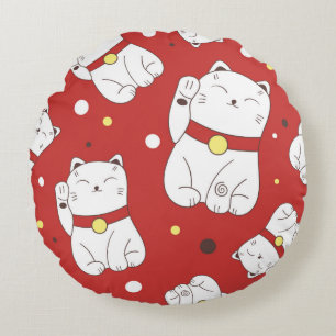 Nahtloses Muster mit Maneki-Neko-Katzenhand gezoge Rundes Kissen
