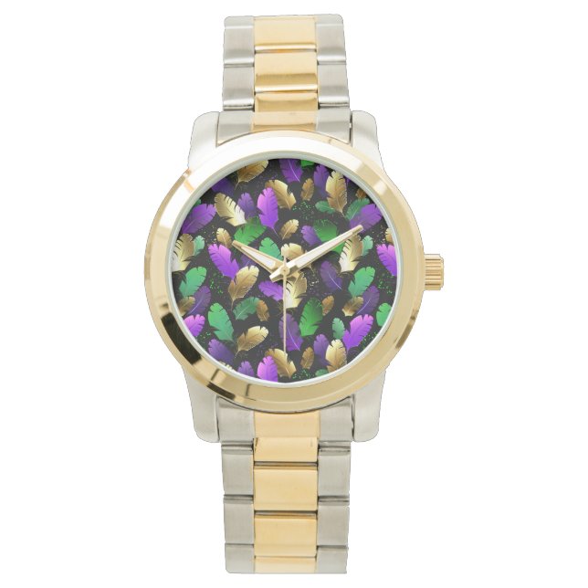 Nahtloses Muster mit Mardi Gras-Federn Armbanduhr (Vorderseite)