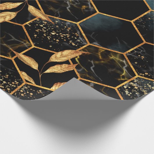 Nahtloses Muster mit Marmorhexagon und goldener Le Geschenkpapier (Ecke)