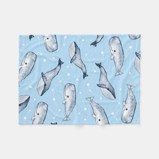 Nahtloses Muster mit niedlichen Walen und Sternen. Fleecedecke (Vorderseite (Horizontal))