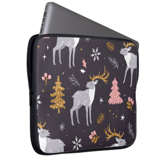 Nahtloses Muster mit Rentieren, Tannenbäumen und S Laptopschutzhülle (Vorne Rechts)