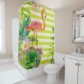 Nahtloses Muster mit rosa Flamingo und exotischem Duschvorhang (Beispiel)