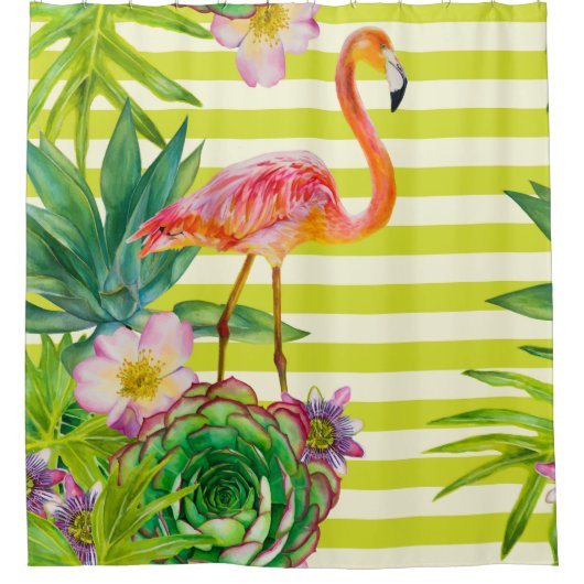 Nahtloses Muster mit rosa Flamingo und exotischem Duschvorhang (Vorderseite)