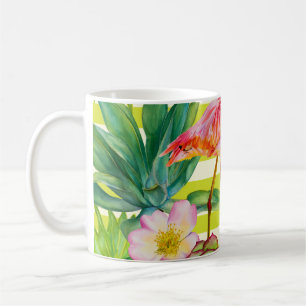 Nahtloses Muster mit rosa Flamingo und exotischem Kaffeetasse