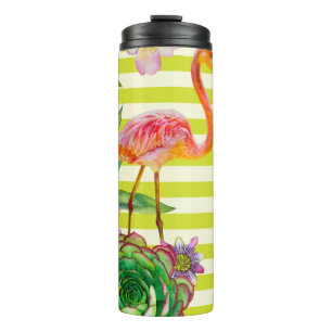 Nahtloses Muster mit rosa Flamingo und exotischem Thermosbecher