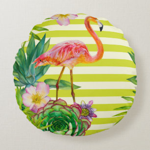 nahtloses Muster mit rosa Flamingo und exotischen  Rundes Kissen