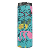 Nahtloses Muster mit rosa Flamingos und grünem Pin Thermosbecher (Rückseite)