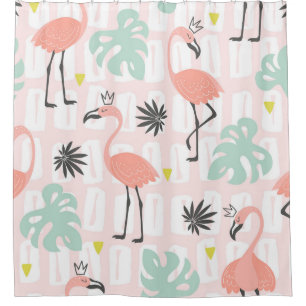 Nahtloses Muster mit rosa Flamingos und Palmblätte Duschvorhang