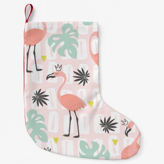 Nahtloses Muster mit rosa Flamingos und Palmblätte Kleiner Weihnachtsstrumpf (Vorderseite)