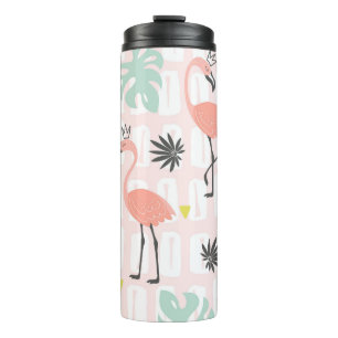 Nahtloses Muster mit rosa Flamingos und Palmblätte Thermosbecher