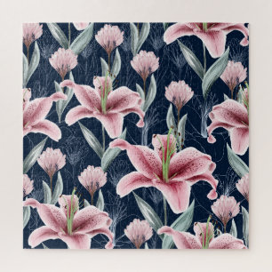 Nahtloses Muster mit rosa Lilly-Blüten. Puzzle