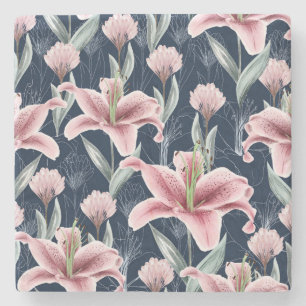 Nahtloses Muster mit rosa Lilly-Blüten. Steinuntersetzer