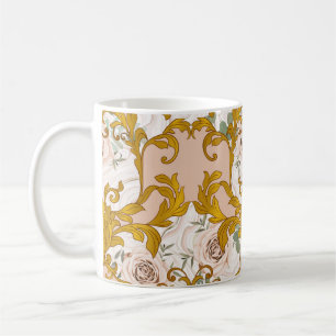 Nahtloses Muster mit Rosen und barocken goldenen E Kaffeetasse