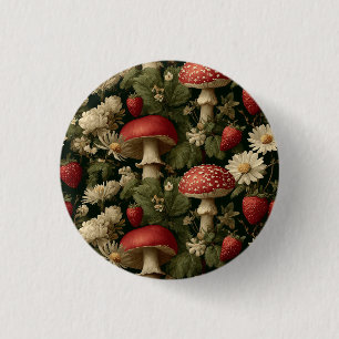 Nahtloses Muster mit rotem Fliegenpilz und Blumen Button