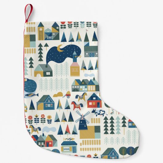 Nahtloses Muster mit skandinavischem Dorf in der V Kleiner Weihnachtsstrumpf (Vorderseite)